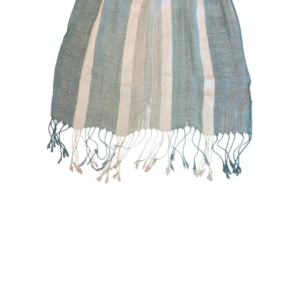Cejon Scarf Womens Teal White Striped Linen Blend Metallic Shimmer Fringe Tassel